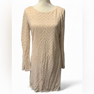 AUW Gold Lurex Chevron Long Sleeve Shift Dress Neutral Beige Medium Preloved